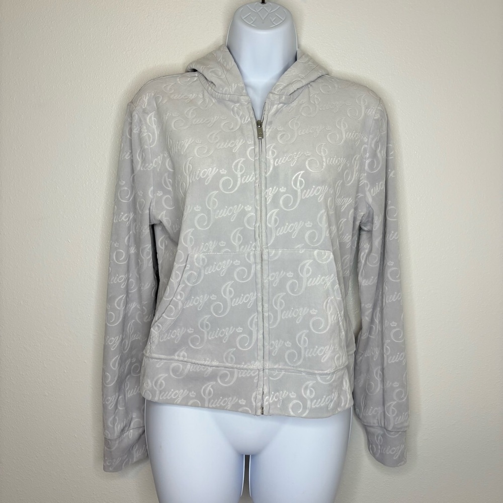 Juicy Couture Full Zip Grey Velour Jacket All Over Juicy&Crown Logo Y2K SzM - Picture 14 of 14